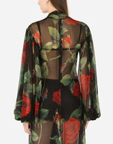 Chiffon calf-length dress with tie detail and rose print - | Dolce & Gabbana