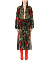 Chiffon calf-length dress with tie detail and rose print - | Dolce & Gabbana