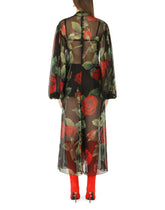 Chiffon calf-length dress with tie detail and rose print - | Dolce & Gabbana