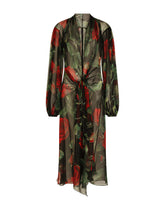 Chiffon calf-length dress with tie detail and rose print - | Dolce & Gabbana