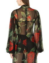 Chiffon calf-length dress with tie detail and rose print - | Dolce & Gabbana