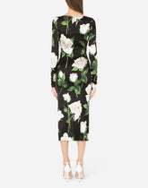 Satin calf-length dress with white rose print - | Dolce & Gabbana