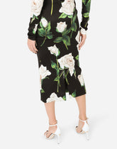 Satin calf-length dress with white rose print - | Dolce & Gabbana