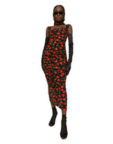 Cherry-print jersey calf-length dress with draping - | Dolce & Gabbana