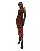 Cherry-print jersey calf-length dress with draping - | Dolce & Gabbana