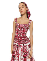 Midi corset dress in cotton poplin with majolica print - | Dolce & Gabbana