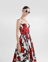 Calf-length corset dress with rose print - | Dolce & Gabbana