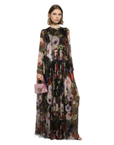Long chiffon dress with rose garden print - | Dolce & Gabbana