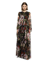Long chiffon dress with rose garden print - | Dolce & Gabbana