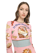 Charmeuse calf-length dress with bread print - | Dolce & Gabbana