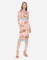 Charmeuse calf-length dress with bread print - | Dolce & Gabbana