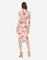 Charmeuse calf-length dress with bread print - | Dolce & Gabbana