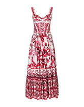 Calf-length corset dress in majolica-print cotton poplin - | Dolce & Gabbana