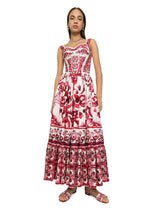 Calf-length corset dress in majolica-print cotton poplin - | Dolce & Gabbana