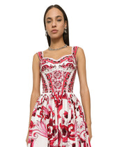 Calf-length corset dress in majolica-print cotton poplin - | Dolce & Gabbana