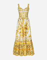 Calf-length corset dress in majolica-print cotton poplin - | Dolce & Gabbana