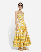 Calf-length corset dress in majolica-print cotton poplin - | Dolce & Gabbana