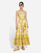 Calf-length corset dress in majolica-print cotton poplin - | Dolce & Gabbana