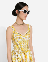 Calf-length corset dress in majolica-print cotton poplin - | Dolce & Gabbana
