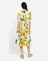 Cotton shirt dress with yellow rose print - | Dolce & Gabbana