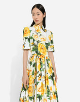 Cotton shirt dress with yellow rose print - | Dolce & Gabbana