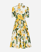 Cotton shirt dress with yellow rose print - | Dolce & Gabbana