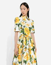Cotton shirt dress with yellow rose print - | Dolce & Gabbana