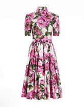 Cotton calf-length shirt dress with peony print - | Dolce & Gabbana