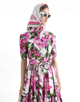 Cotton calf-length shirt dress with peony print - | Dolce & Gabbana