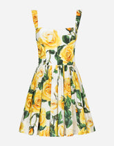 Short cotton corset dress with yellow rose print - | Dolce & Gabbana