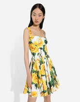 Short cotton corset dress with yellow rose print - | Dolce & Gabbana