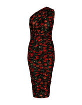 One-shoulder tulle midi dress with cherry print and draping - | Dolce & Gabbana
