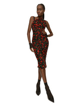 One-shoulder tulle midi dress with cherry print and draping - | Dolce & Gabbana