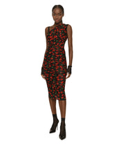 One-shoulder tulle midi dress with cherry print and draping - | Dolce & Gabbana