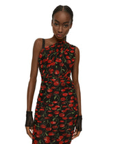 One-shoulder tulle midi dress with cherry print and draping - | Dolce & Gabbana