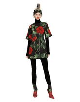 Short brocade dress with red rose print - | Dolce & Gabbana