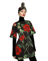 Short brocade dress with red rose print - | Dolce & Gabbana