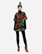 Short brocade dress with red rose print - | Dolce & Gabbana