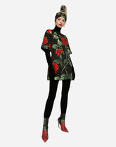 Short brocade dress with red rose print - | Dolce & Gabbana