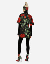 Short brocade dress with red rose print - | Dolce & Gabbana