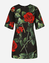 Short brocade dress with red rose print - | Dolce & Gabbana