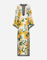 Silk caftan with kimono sleeves and yellow rose print - | Dolce & Gabbana