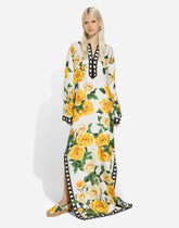 Silk caftan with kimono sleeves and yellow rose print - | Dolce & Gabbana