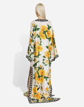 Silk caftan with kimono sleeves and yellow rose print - | Dolce & Gabbana