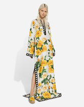 Silk caftan with kimono sleeves and yellow rose print - | Dolce & Gabbana