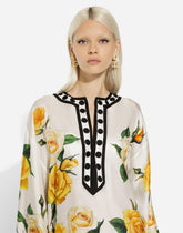 Silk caftan with kimono sleeves and yellow rose print - | Dolce & Gabbana