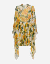Short silk chiffon dress with yellow rose print - | Dolce & Gabbana