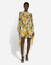Short silk chiffon dress with yellow rose print - | Dolce & Gabbana