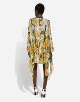 Short silk chiffon dress with yellow rose print - | Dolce & Gabbana