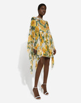Short silk chiffon dress with yellow rose print - | Dolce & Gabbana